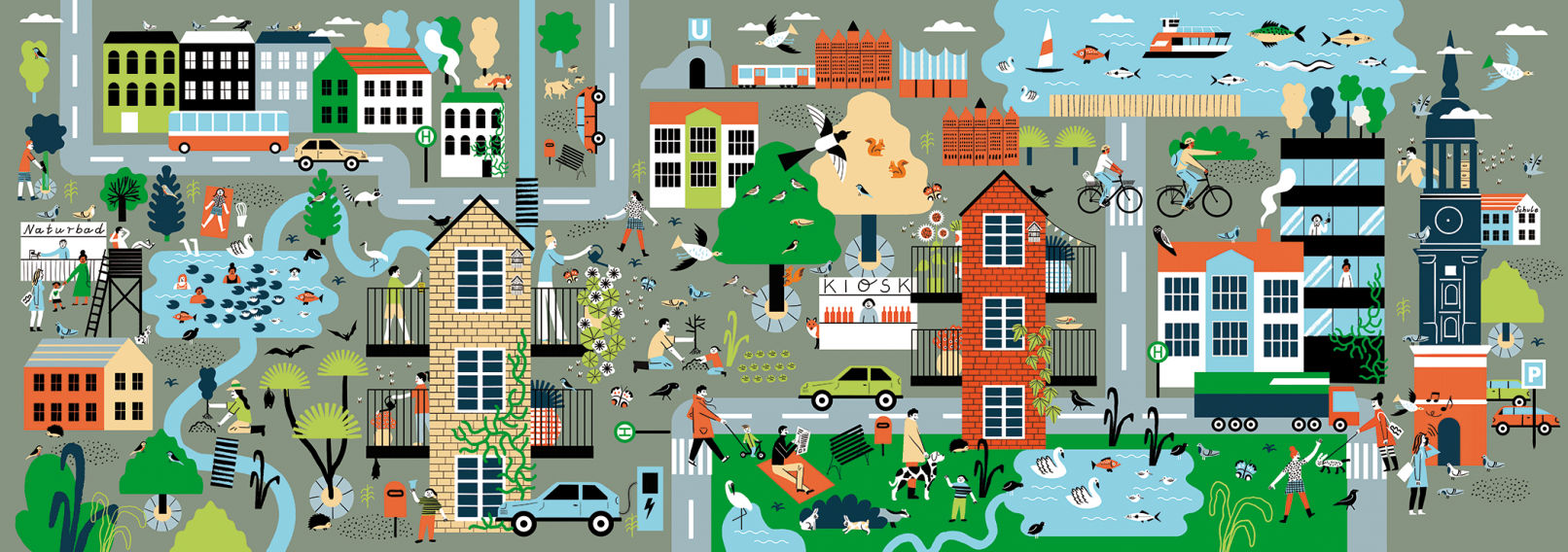 Illustration of the sustainable side of Hamburg city created for a stool