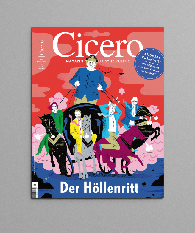 Cover Illustration for Ciciero Magazine, showing Angela Merkel and other politicans on a Roman chariot, created by Illustrator Carolin Loebbert