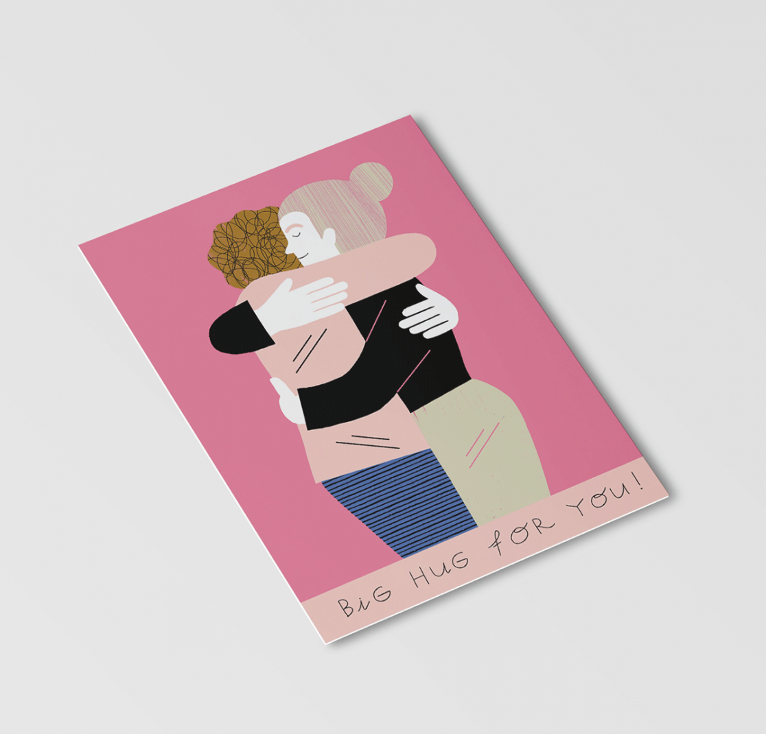 illustrations of people hugging on a postcard