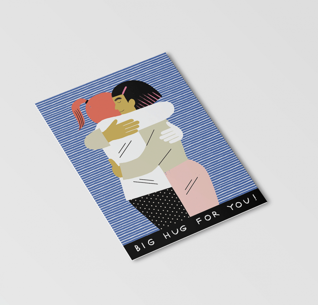 illustrations of people hugging on a postcard