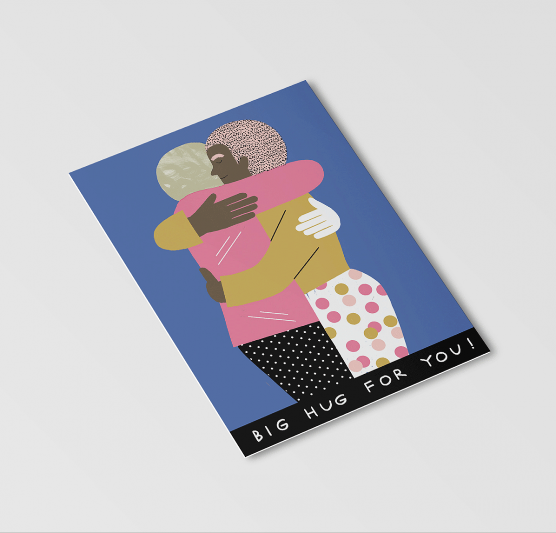 illustrations of people hugging on a postcard