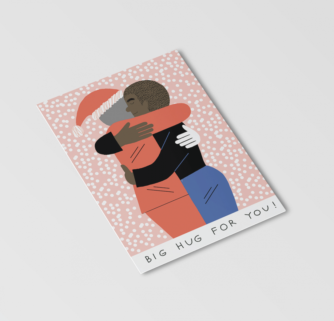 illustrations of people hugging on a postcard