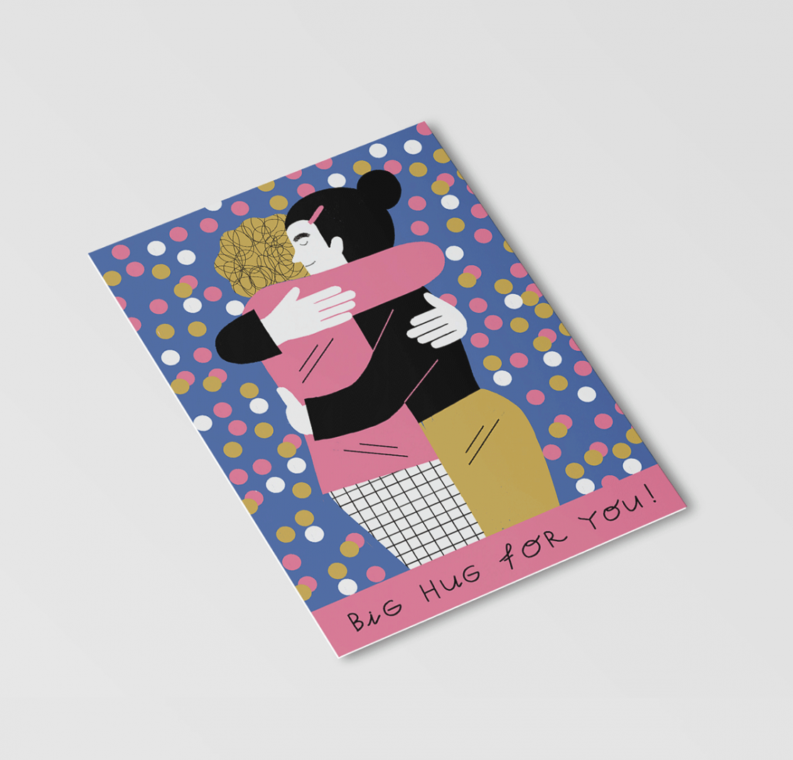 illustrations of people hugging on a postcard