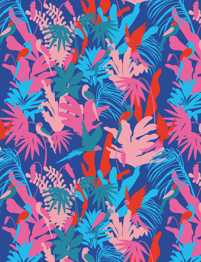 tropical pattern design showing jungle and parrots