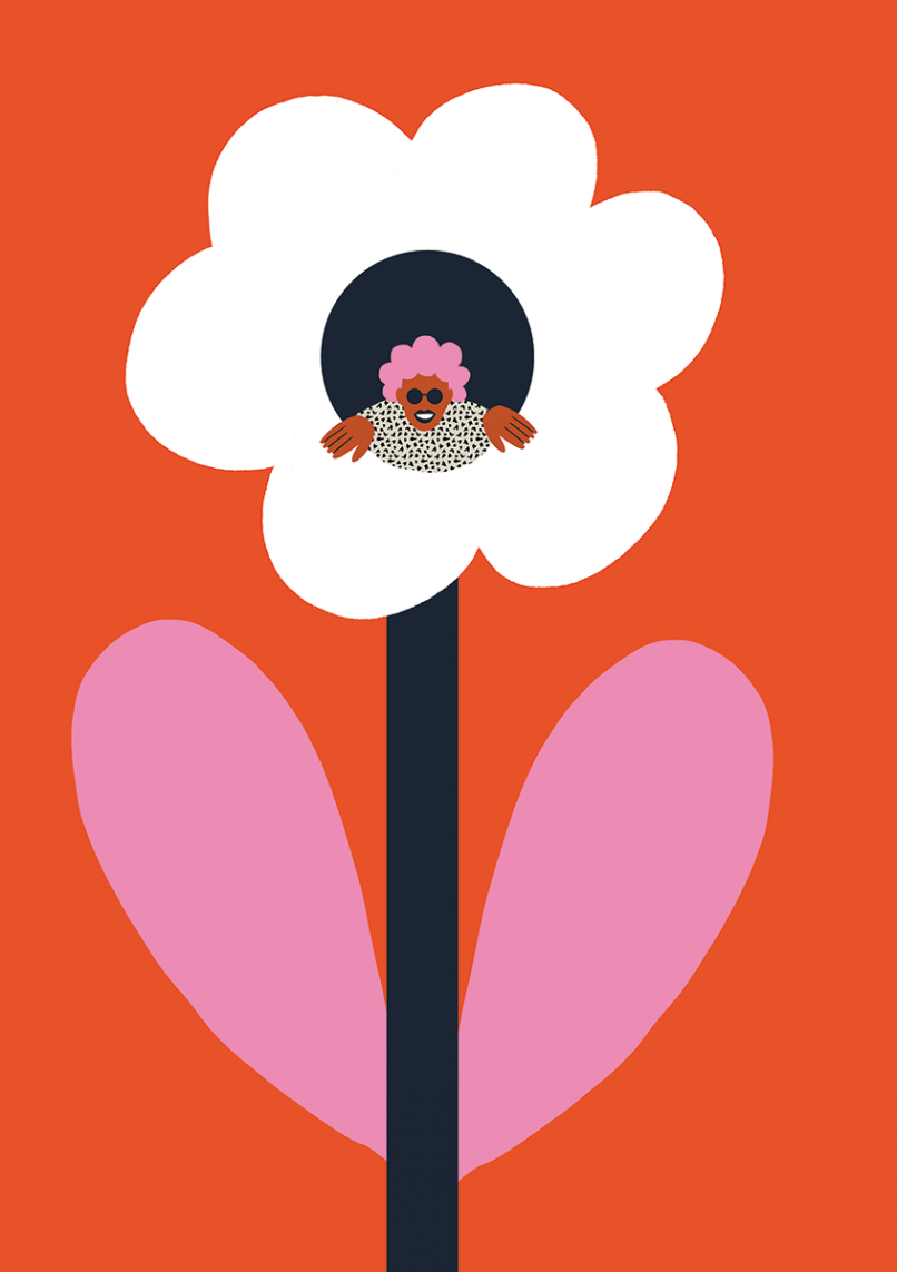 Illustration of a beautiful flower with a person peeping out of it