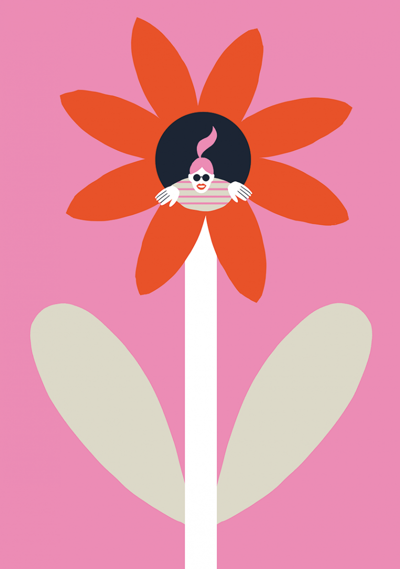 Illustration of a beautiful flower with a person peeping out of it