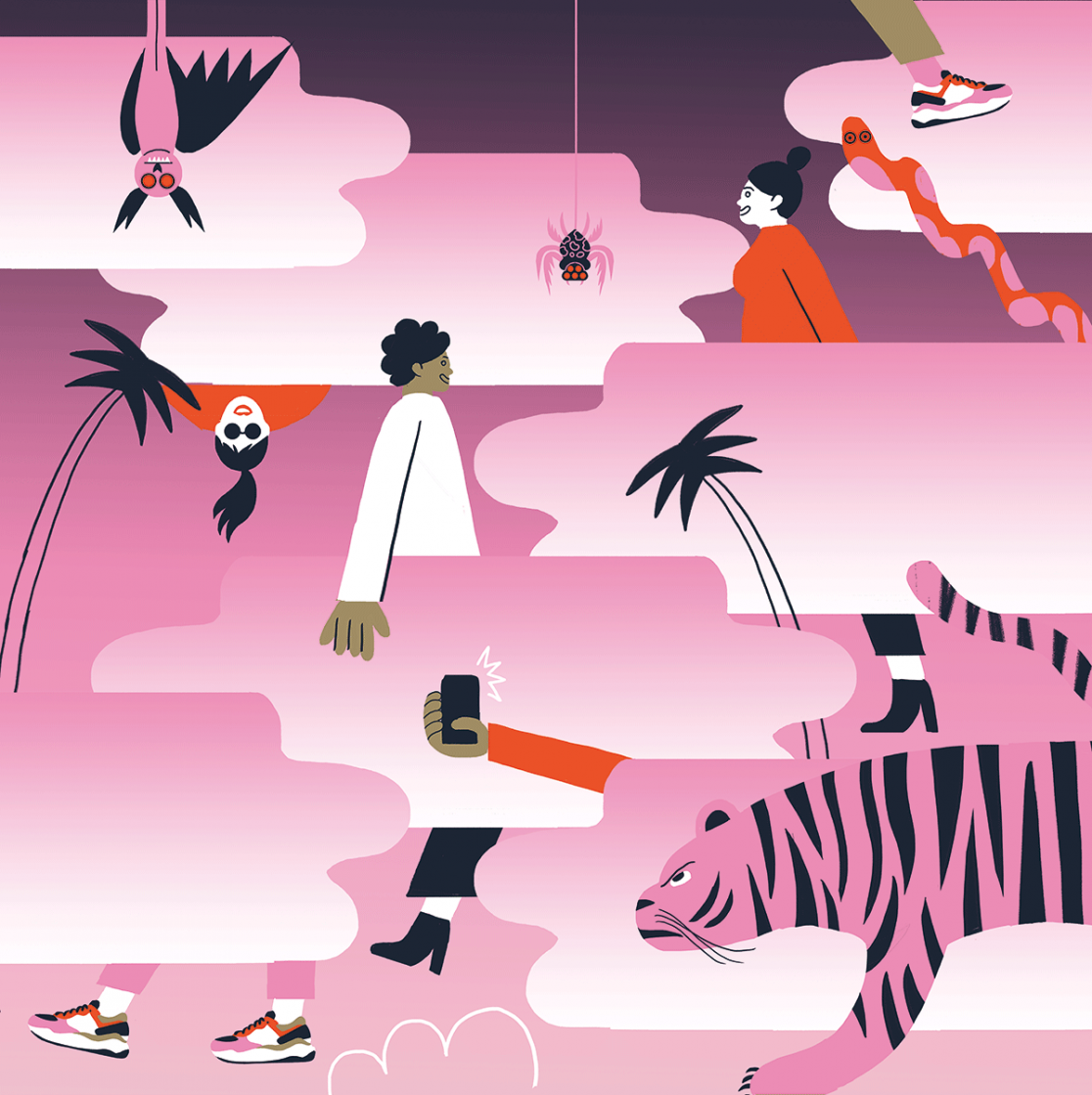 Illustration of some people lost in the misty jungle.