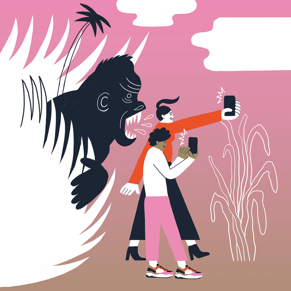 Two influencers take a selfie with a gorilla