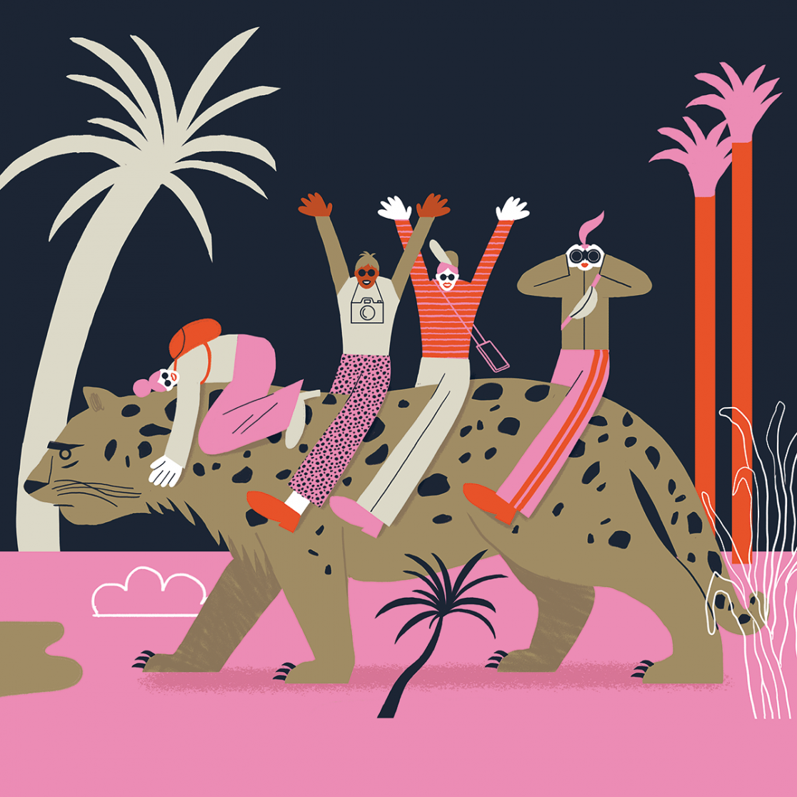 People riding a leopard through the jungle