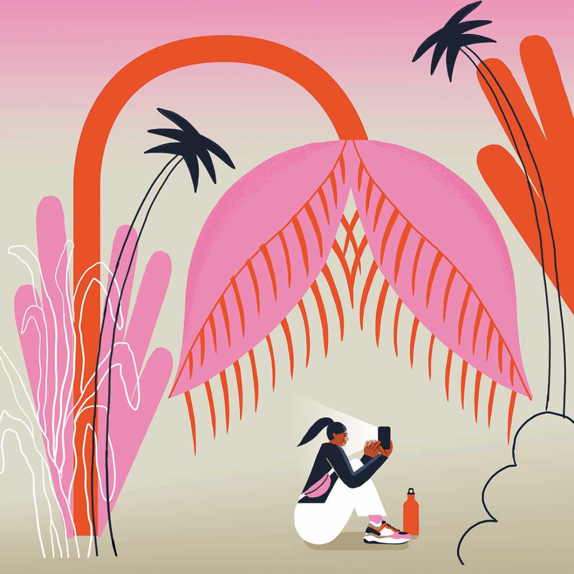 A woman is having a picnic under a carnivorous plant