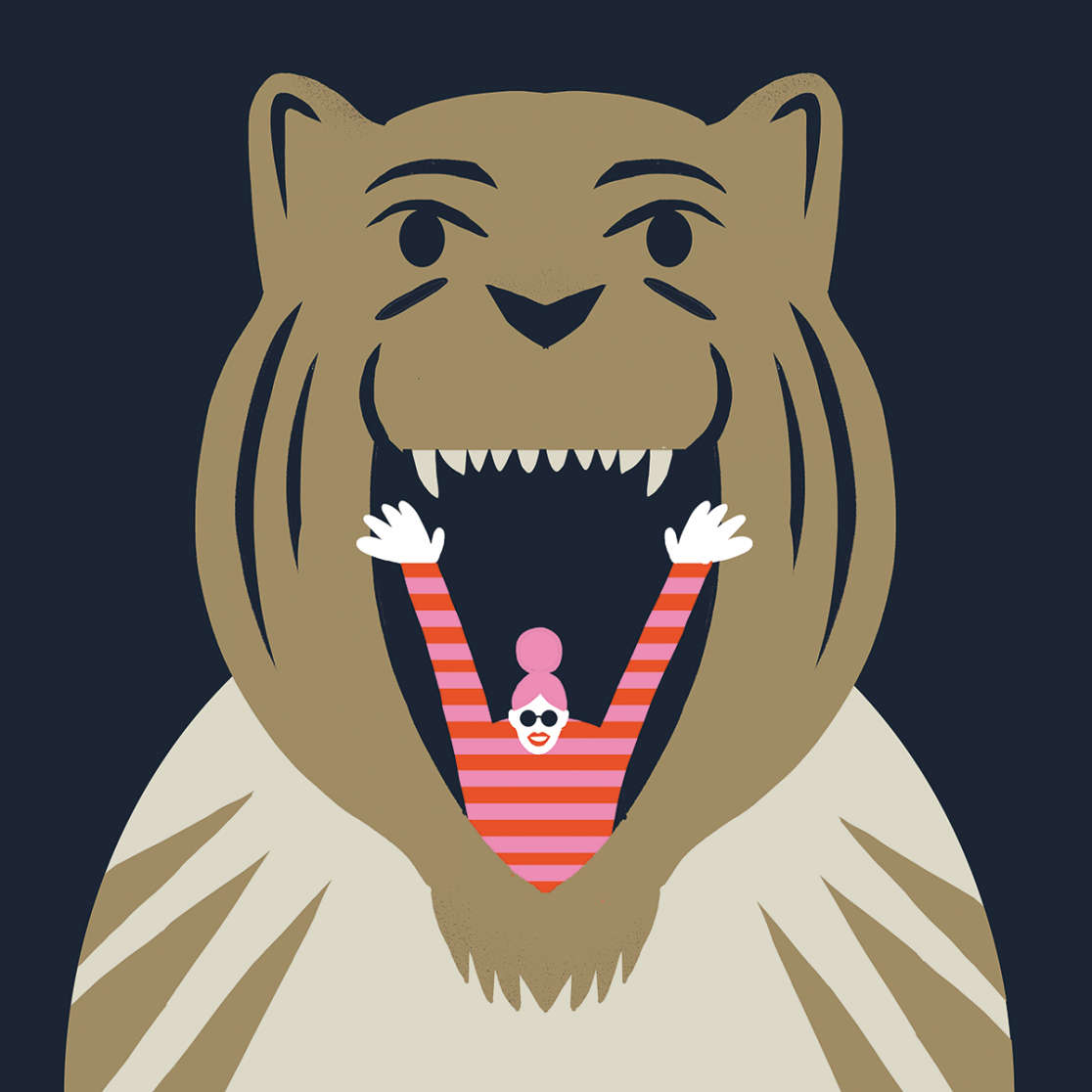 A woman looks joyfully from the mouth of a tiger