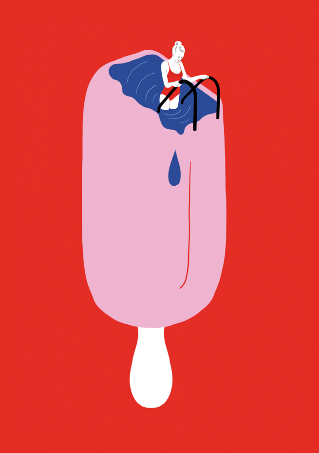 artwork showing an ice cream with a pool, from which a woman rises