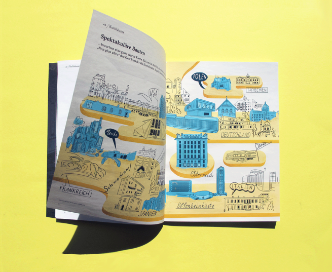 Illustration of famous architecture for Architectural Digest Magazine. Commissioned work created by Carolin Loebbert.