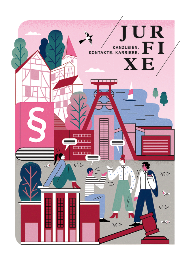 Illustration fuer das Karriere Event Jurfixe in Essen erstellt von Illustratorin Carolin Loebbert