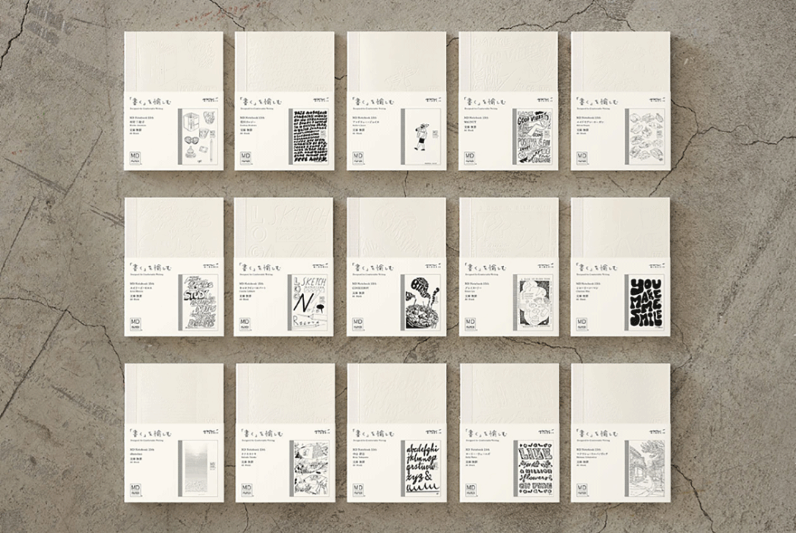 Midori MD paper notebook with lettering by visual artist Carolin Loebbert and other international artists.