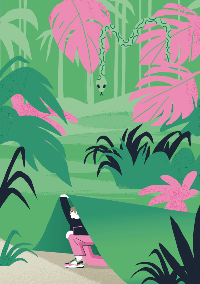 Fine Art Print showing a person stepping out of a plant, created by Visual Artist Carolin Loebbert.